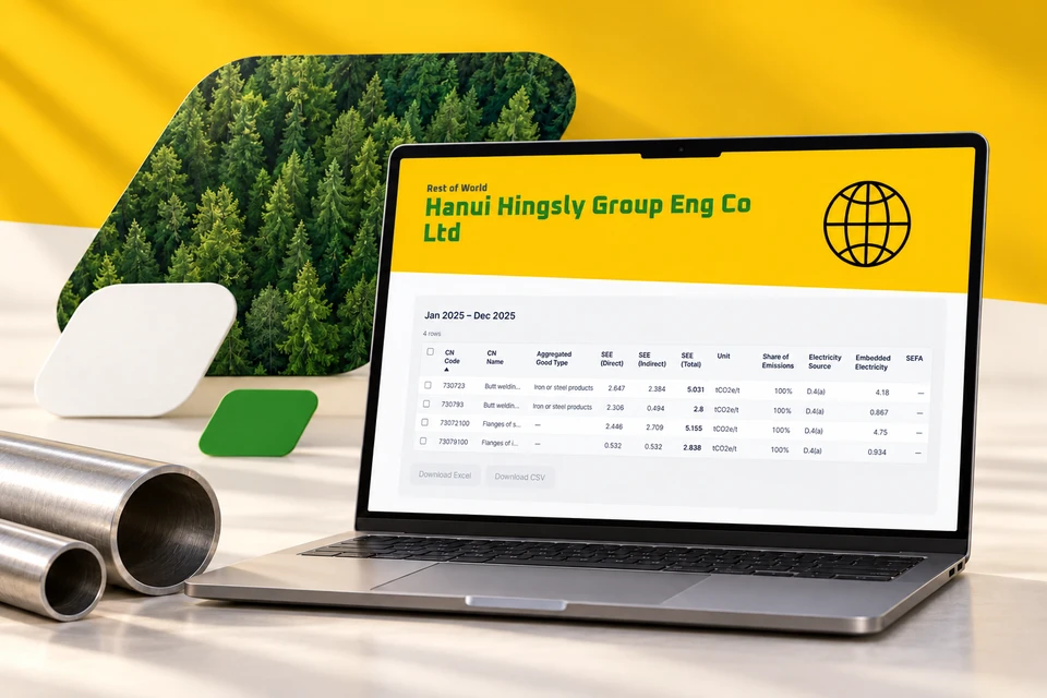 CBAM Portal on a laptop showing emissions reporting for a manufacturer.